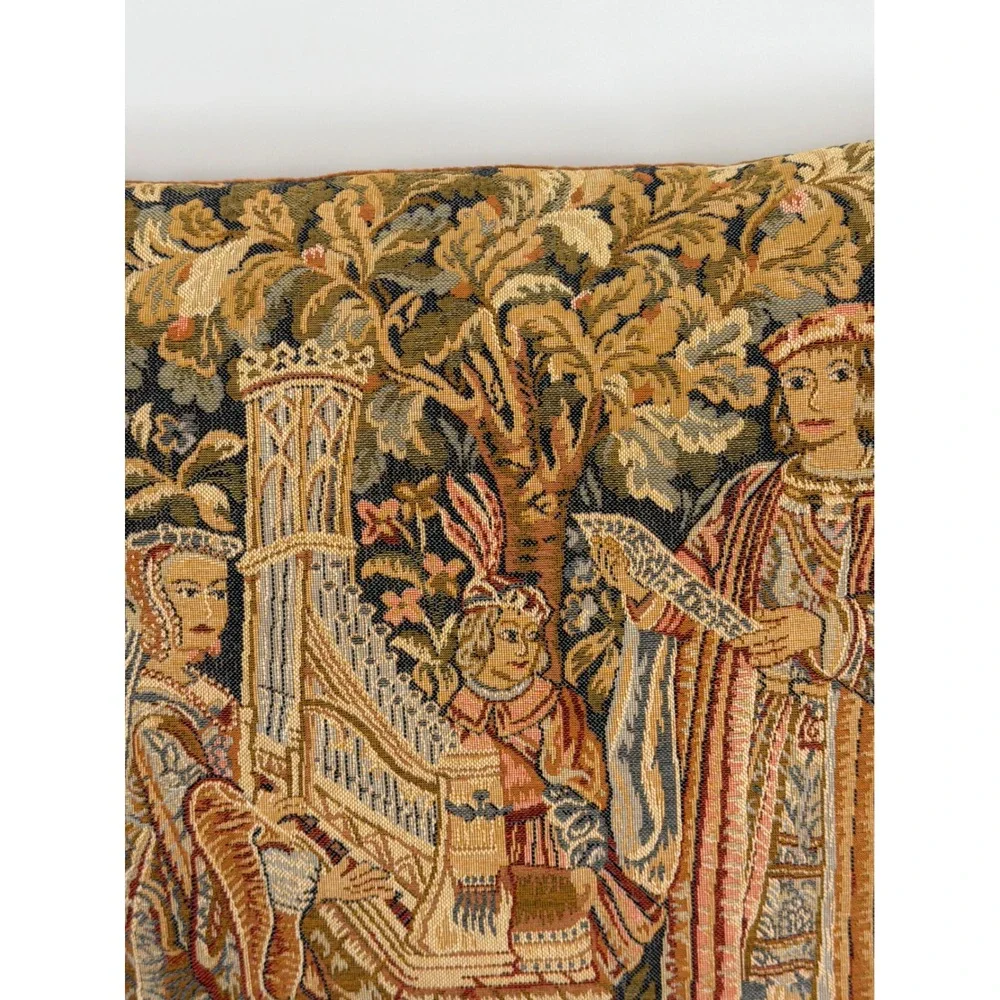 Vtg Medieval Tapestry Pillow Made in England Renaissance Velvet Back 16x16